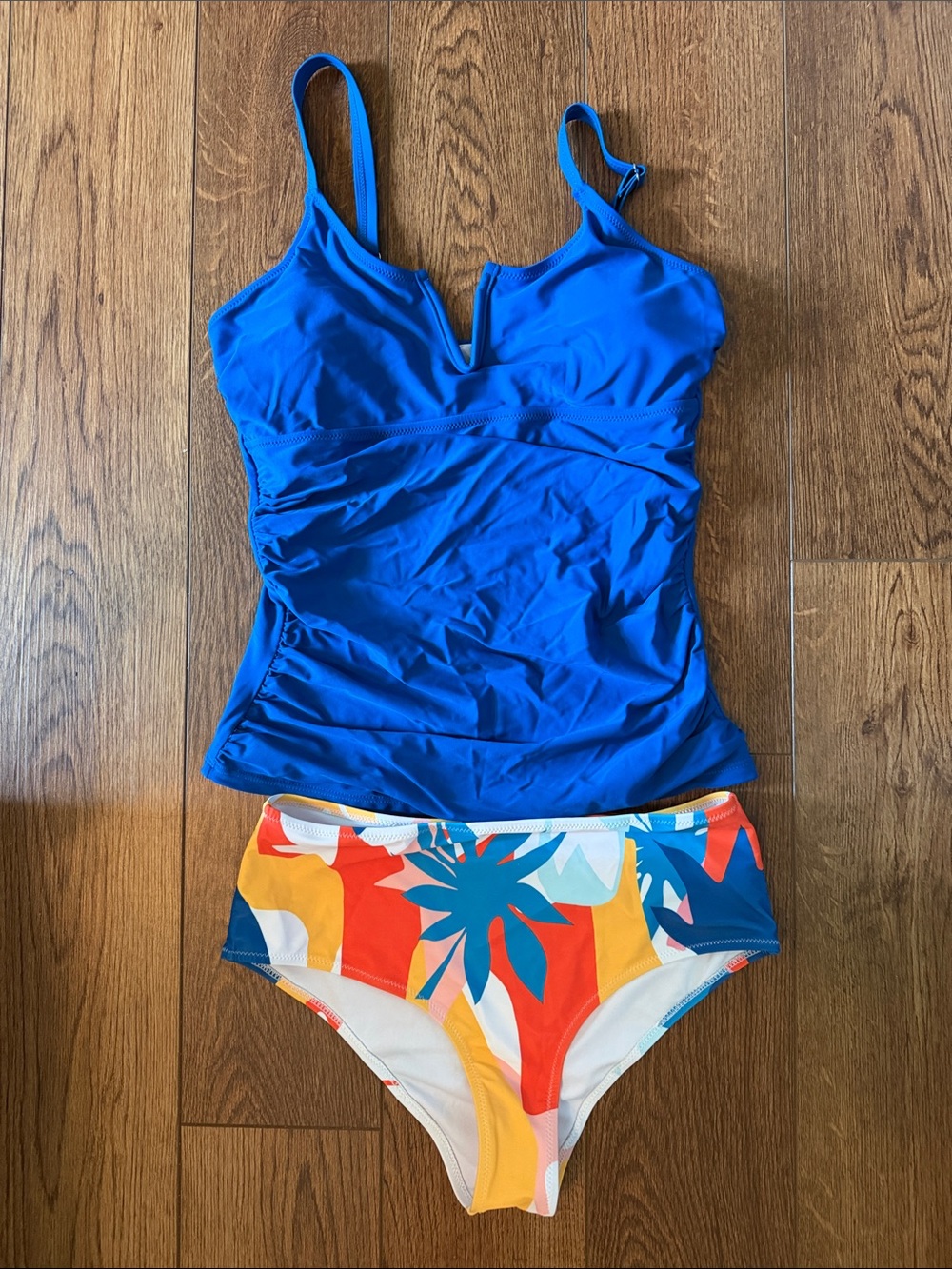 Blue Tankini Top with Multicolor Tropical Print Bikini Bottoms